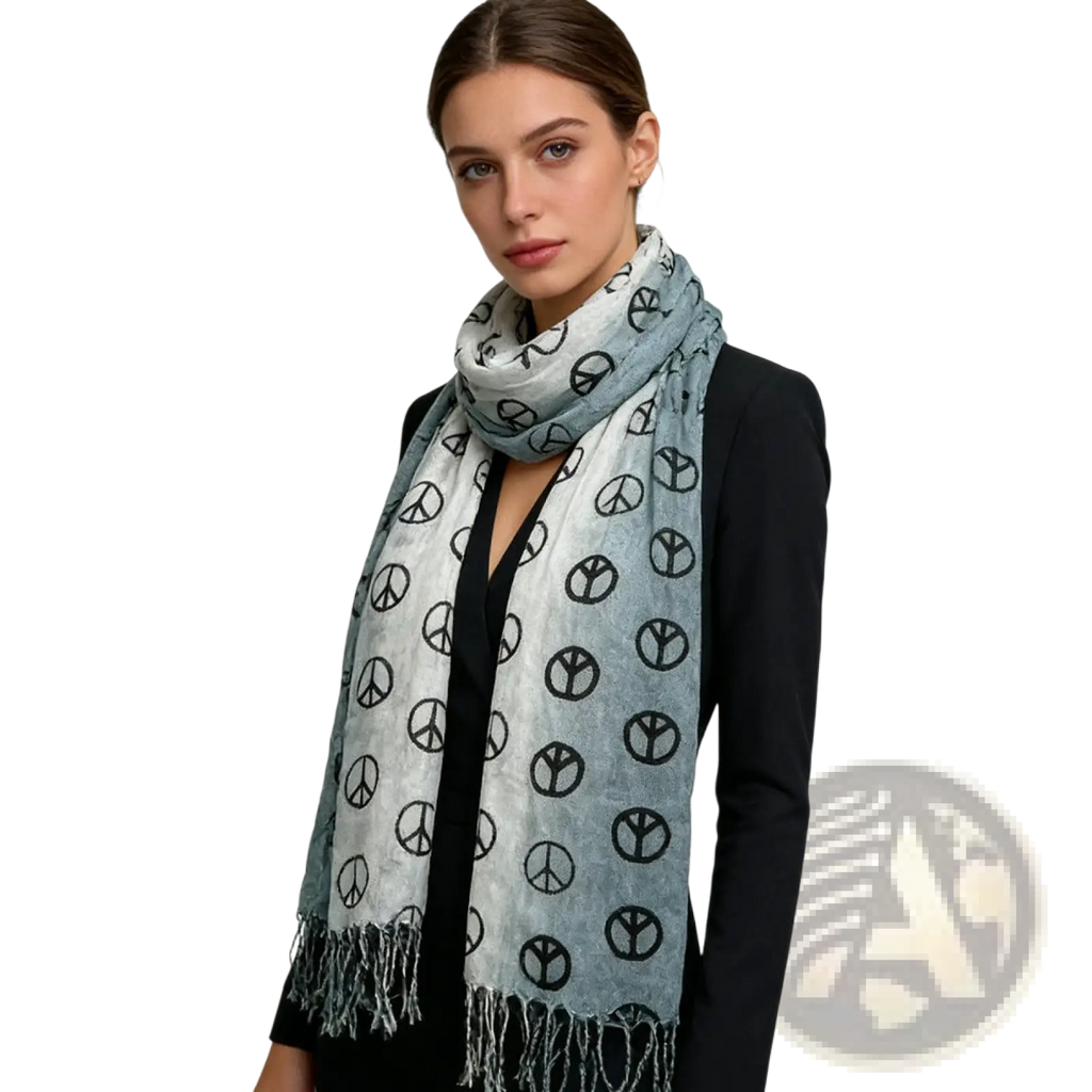 Grey peace symbol viscose scarf soft gradient light blue and white with repeating black peace symbols pattern