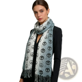 Grey peace symbol viscose scarf soft gradient light blue and white with repeating black peace symbols pattern