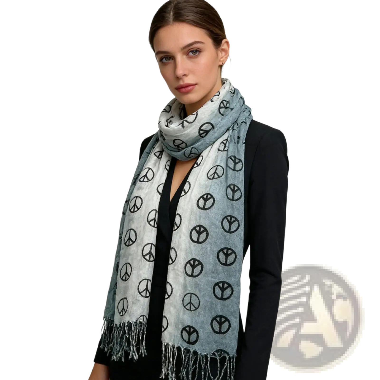 Grey peace symbol viscose scarf soft gradient light blue and white with repeating black peace symbols pattern