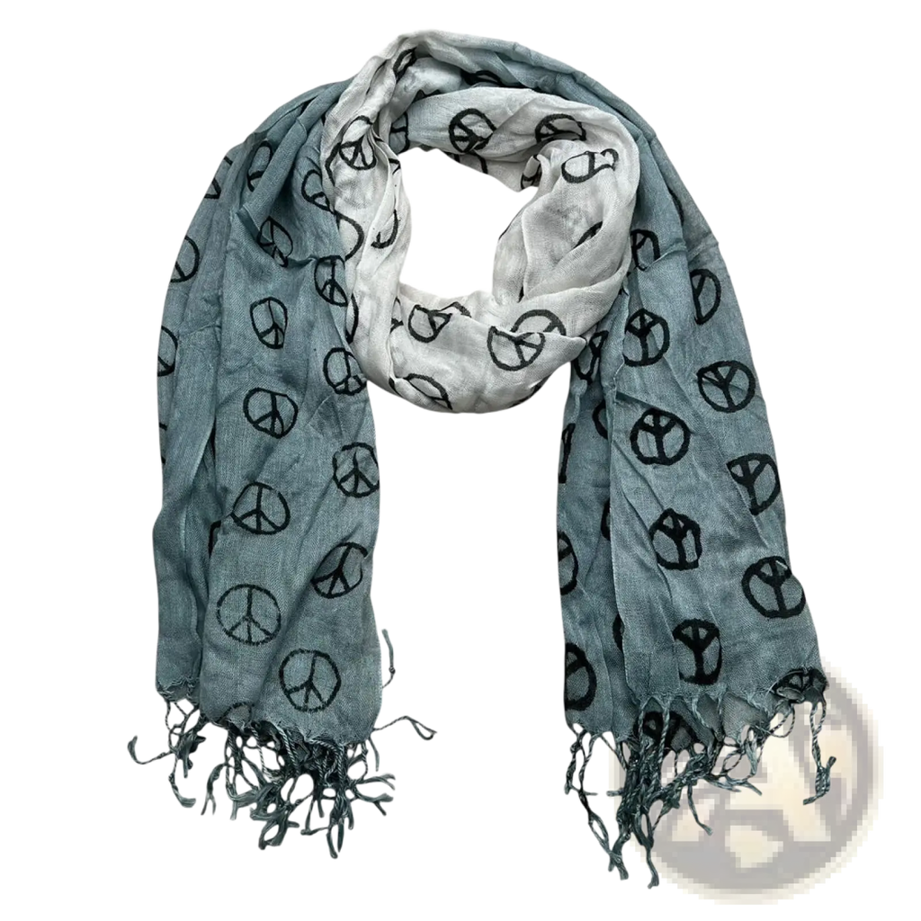 Grey peace symbol viscose scarf in soft light blue with white gradient and black peace prints finished with fringed edges