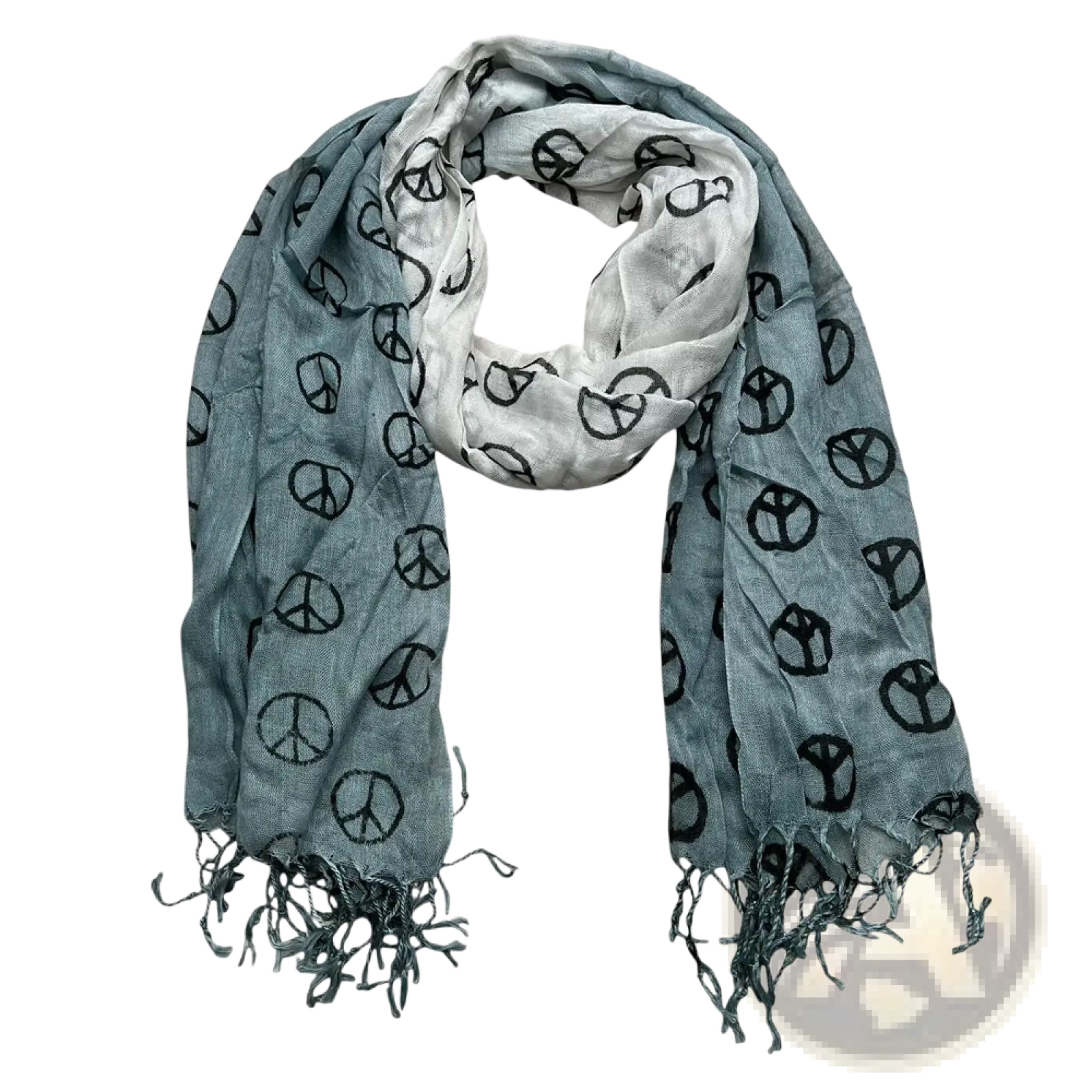 Grey peace symbol viscose scarf in soft light blue with white gradient and black peace prints finished with fringed edges