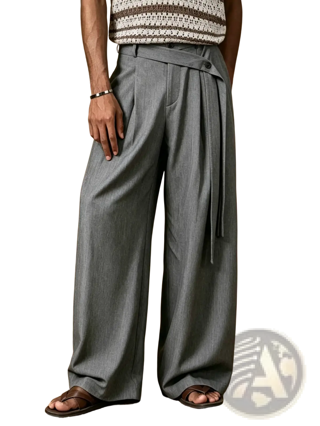 Grey wide leg belted suit trousers featuring a subtle textured weave and a belted waist design