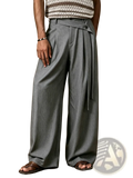 Grey wide leg belted suit trousers featuring a subtle textured weave and a belted waist design