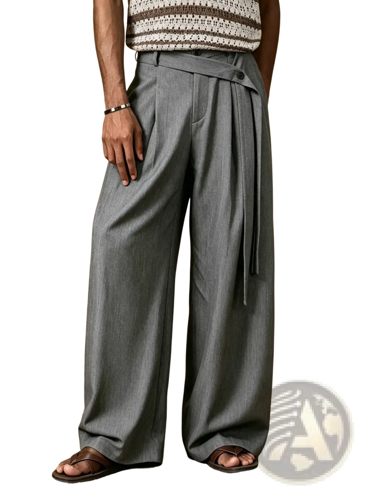 Grey wide leg belted suit trousers featuring a subtle textured weave and a belted waist design