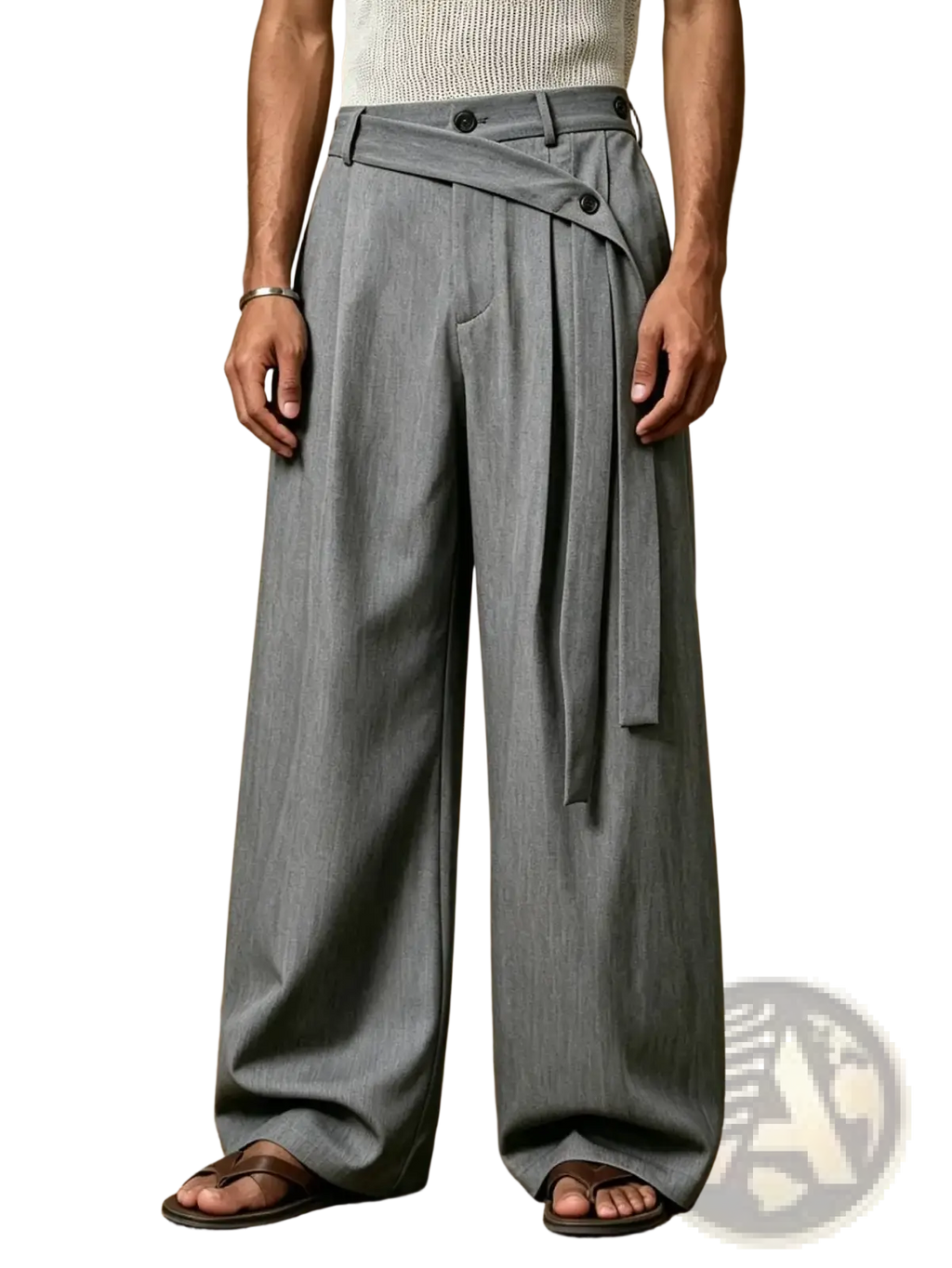 Grey wide leg suit trousers with textured fabric and asymmetrical tie belt detail for formal wear