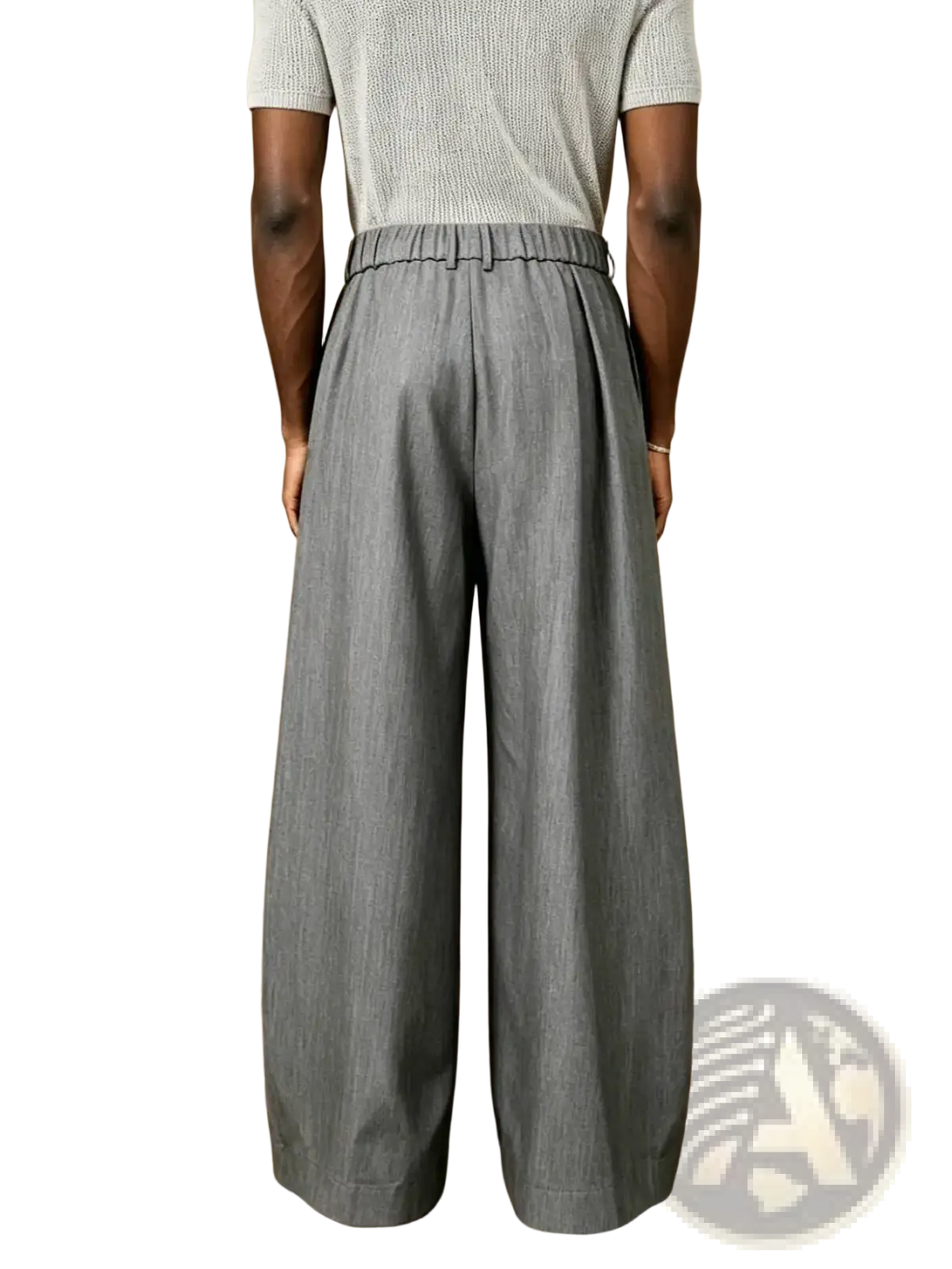 Gray wide-leg belted suit trousers with textured woven fabric and elastic waistband for formal wear