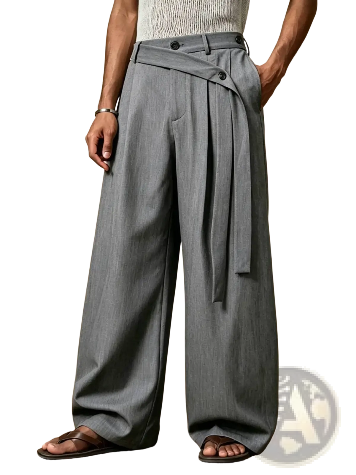 Grey wide leg belted suit trousers with subtle vertical ribbing in a soft textured fabric for formal wear
