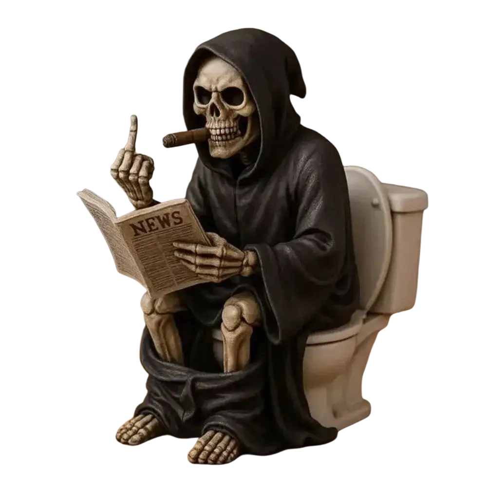Black hooded resin grim reaper skeleton figurine sitting on a toilet holding a newspaper and smoking a cigar decor