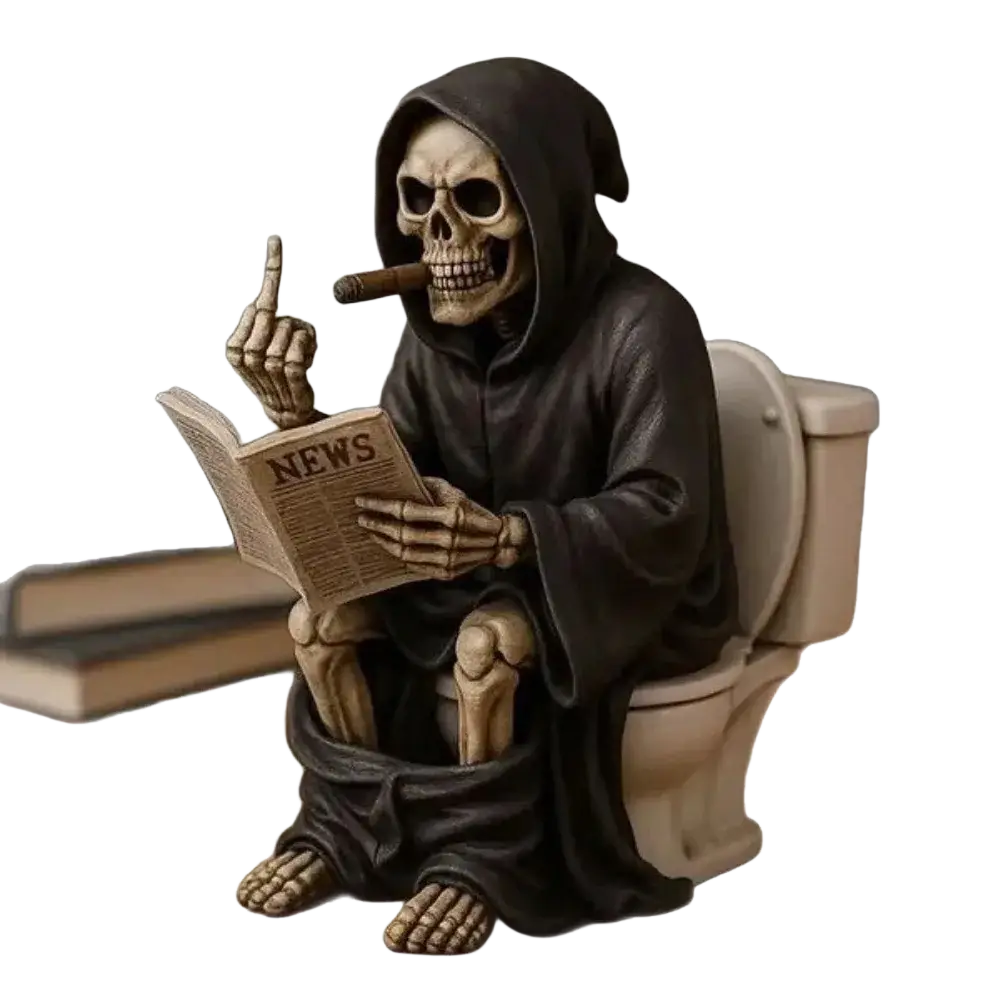 Black hooded resin grim reaper toilet figurine sitting on toilet holding newspaper and smoking cigar skeleton decor