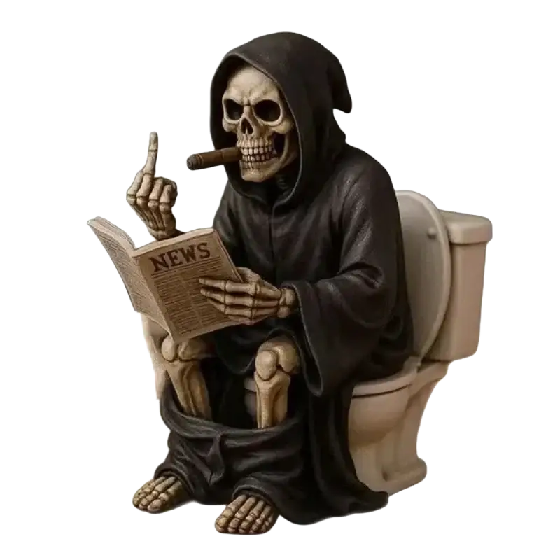 Dark hooded resin grim reaper toilet figurine holding newspaper with cigar skeleton decor accessory