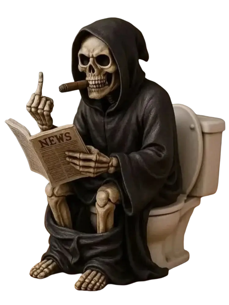 Grim Reaper toilet figurine in dark resin featuring a hooded skeleton with a cigar reading news on a toilet seat