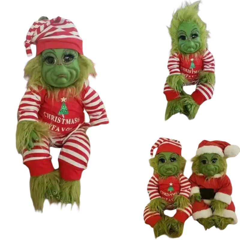 Green plush grinch doll wearing red and white striped pajamas with christmas tree design holiday decor toy