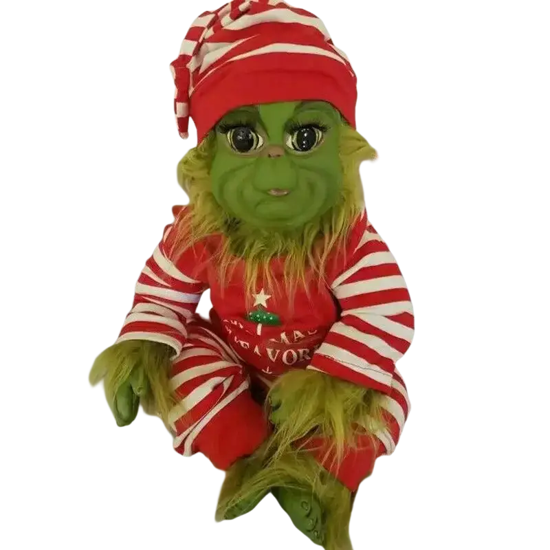 Green plush grinch Christmas stuffed toy wearing red and white striped pajamas with matching hat for holiday decor