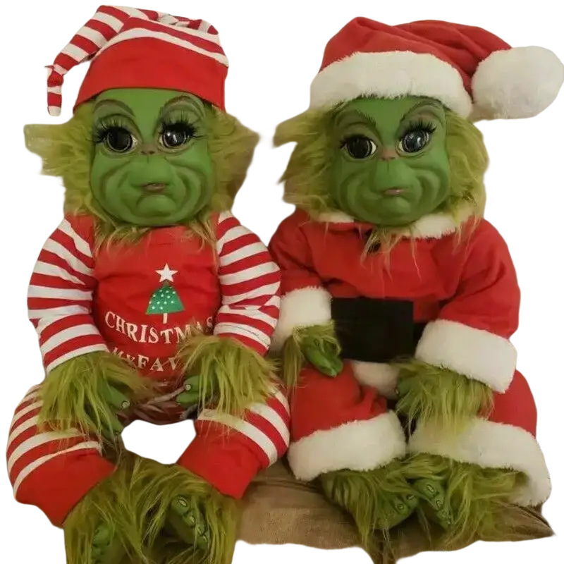 Two green grinch stuffed plush toys in holiday pajamas and santa outfit for christmas decor use