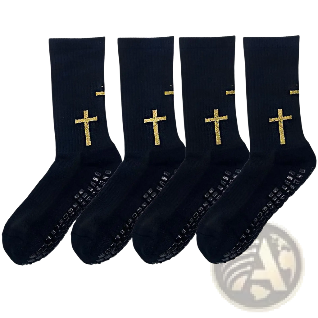 Black grip football socks with gold cross embroidery and textured grip soles designed for athletic soccer use