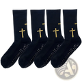 Black grip football socks with gold cross embroidery and textured grip soles designed for athletic soccer use