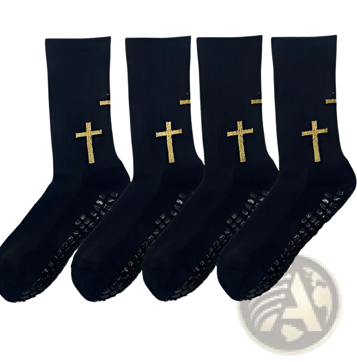 Black grip football socks with gold cross embroidery and textured grip soles for athletic soccer use
