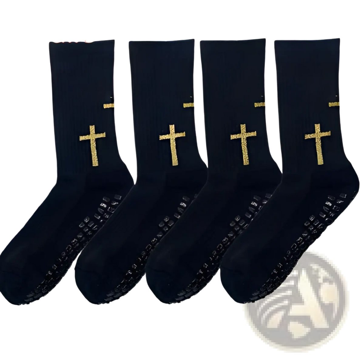 Black grip football socks with gold cross embroidery and textured grip soles for athletic soccer performance
