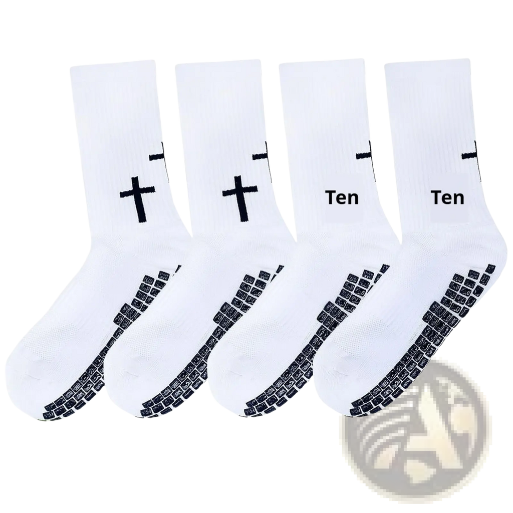White grip football socks with black crosses and ten branding featuring textured sole patterns for athletic use
