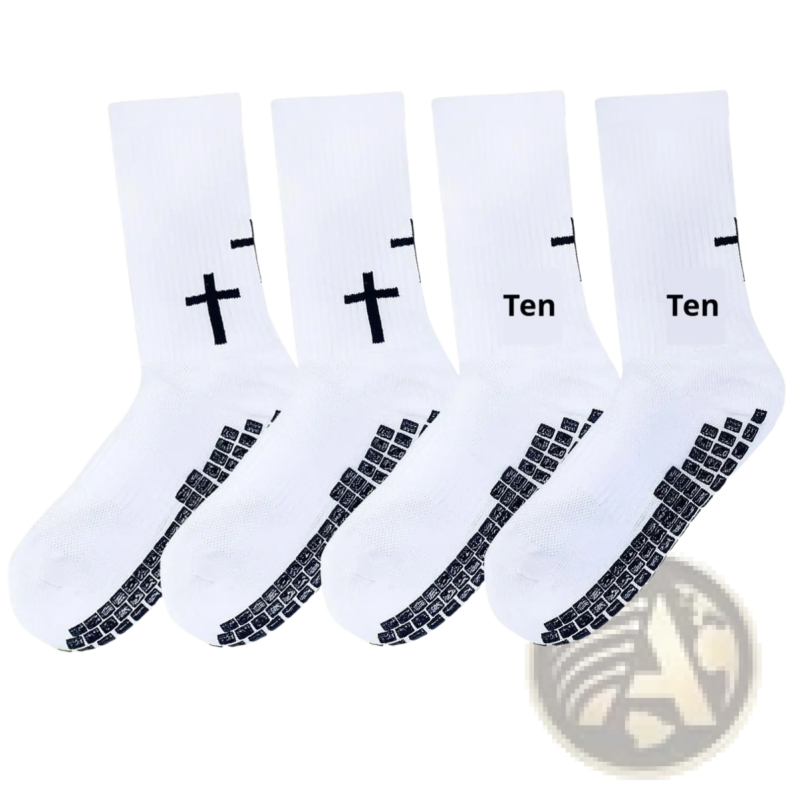 White grip football socks with black crosses and ten branding featuring textured sole patterns for athletic use