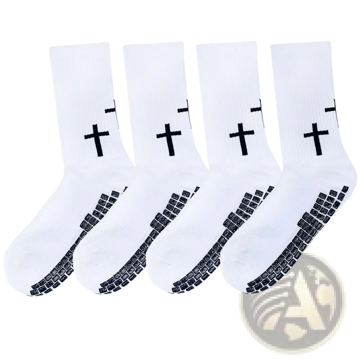 White athletic football socks with black cross logos and textured grip patterns on the soles for soccer use