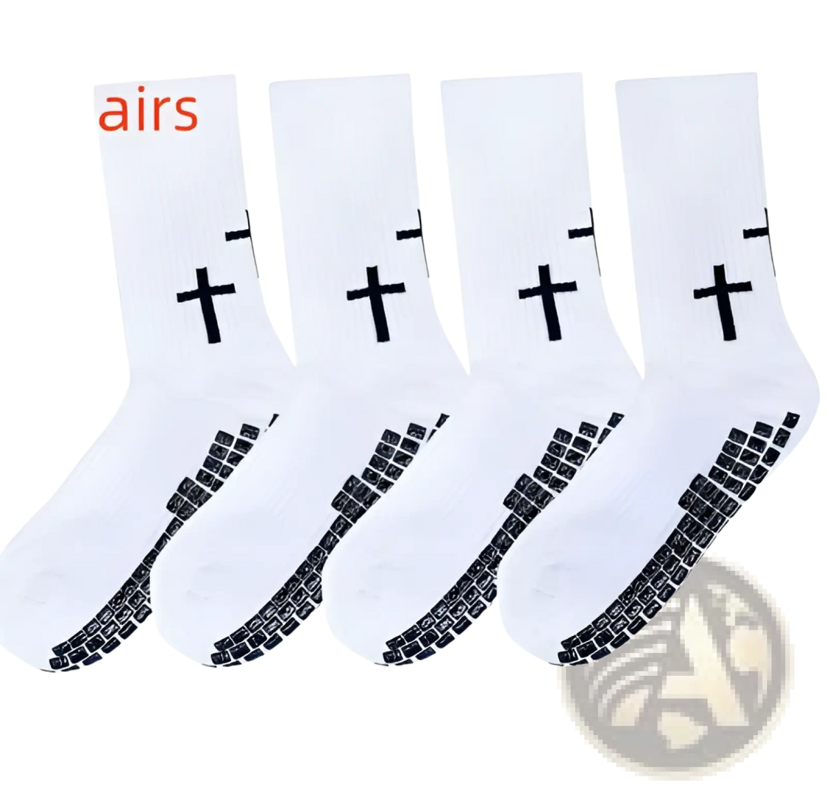 White grip football socks with black cross designs and textured sole patterns for athletic soccer use shown from back side