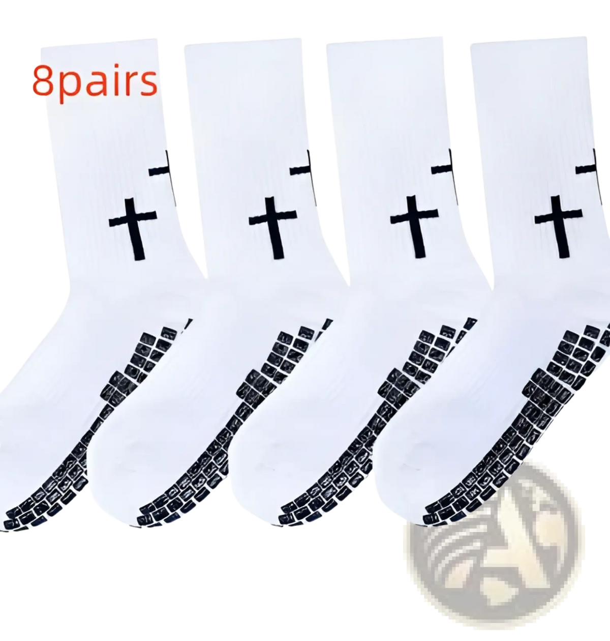 White grip football socks featuring black cross symbols and textured sole grips for athletic soccer use