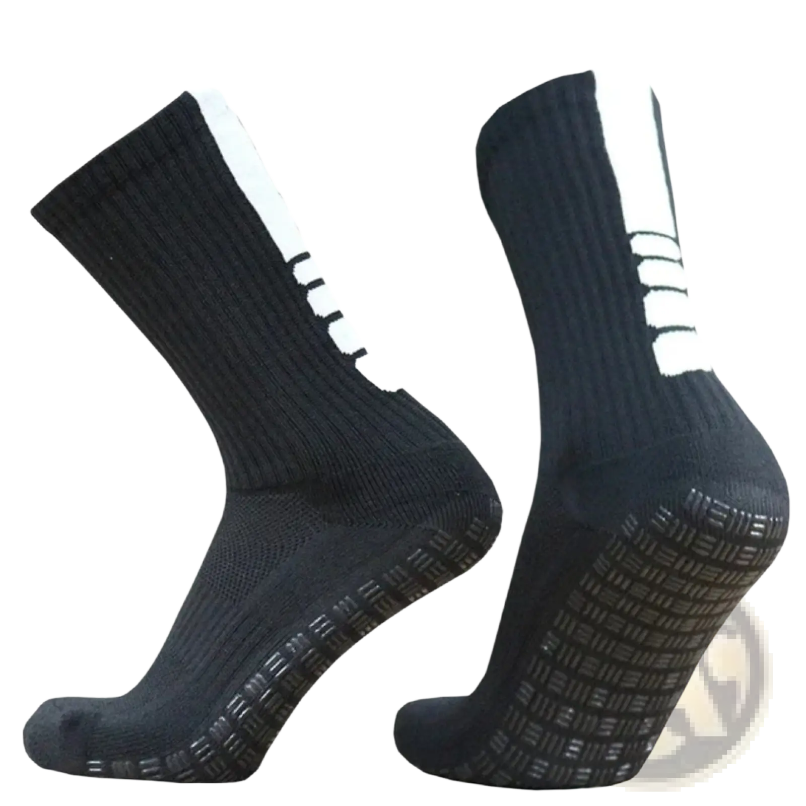 Black grip soccer socks with white side stripes and textured non slip soles designed for athletic use