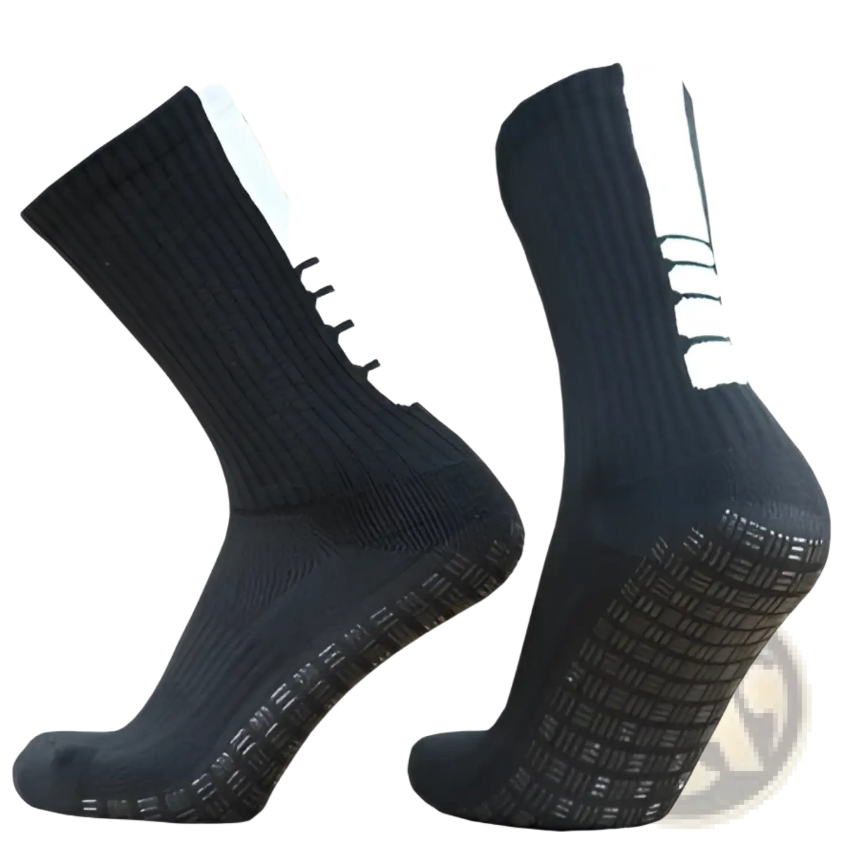Black grip soccer socks with white side stripes and textured non slip soles designed for athletic use