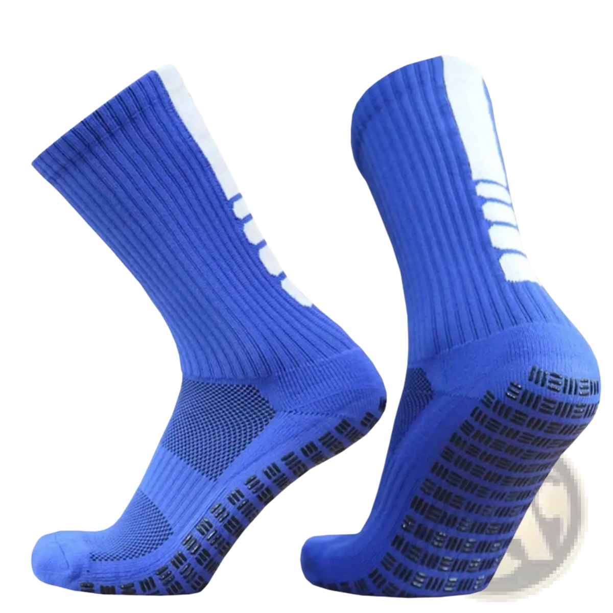 Blue grip soccer socks with white stripes and black non slip soles designed for athletic performance