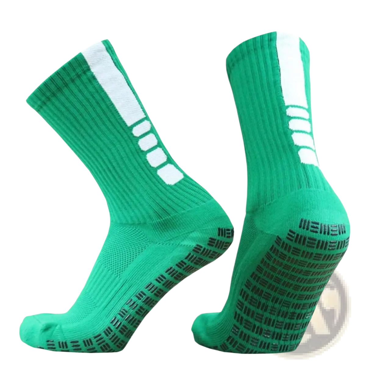Vibrant green grip soccer socks with white and black textured non slip soles designed for athletic performance