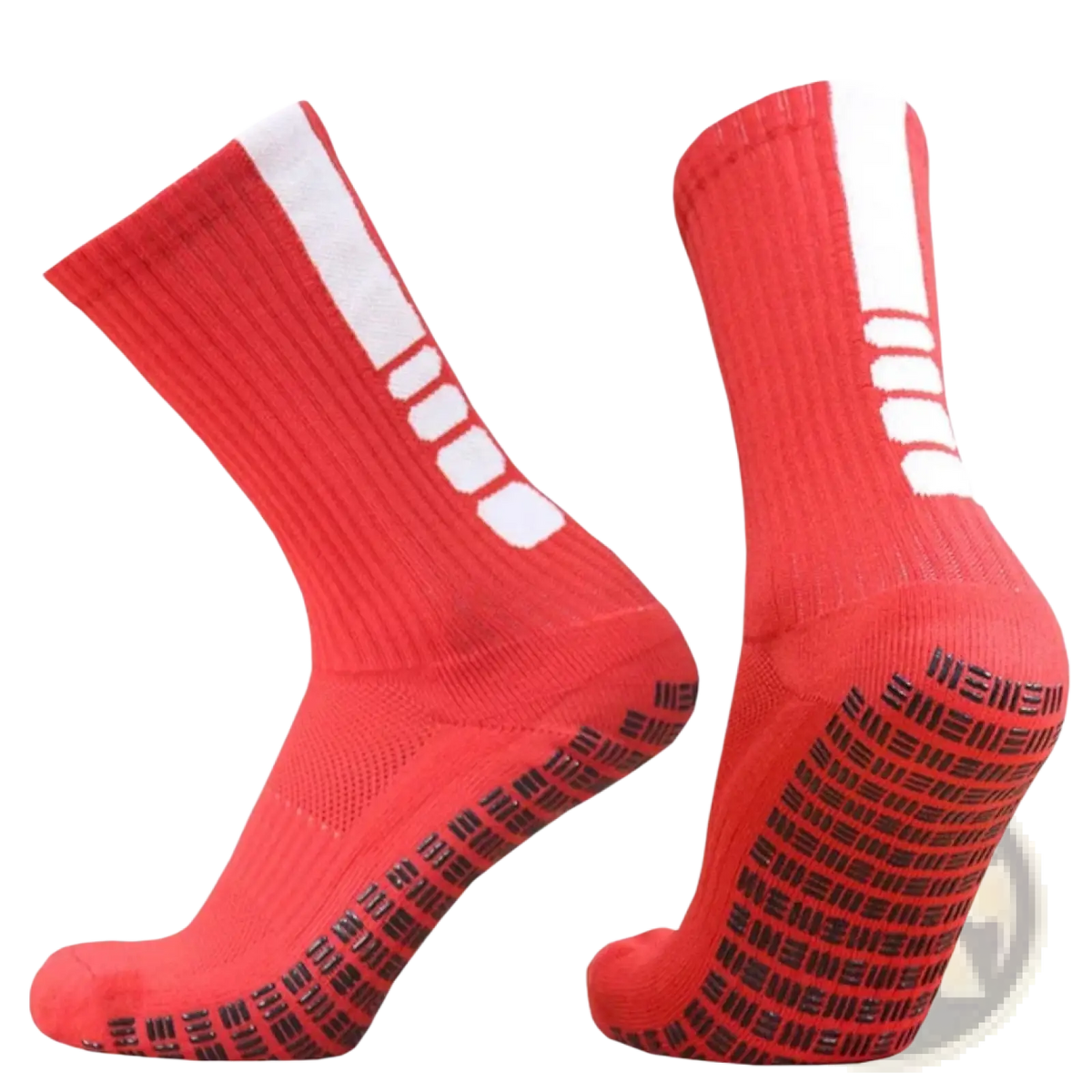Red grip soccer socks with white stripes and black non slip textured soles for athletic use shown from the back side