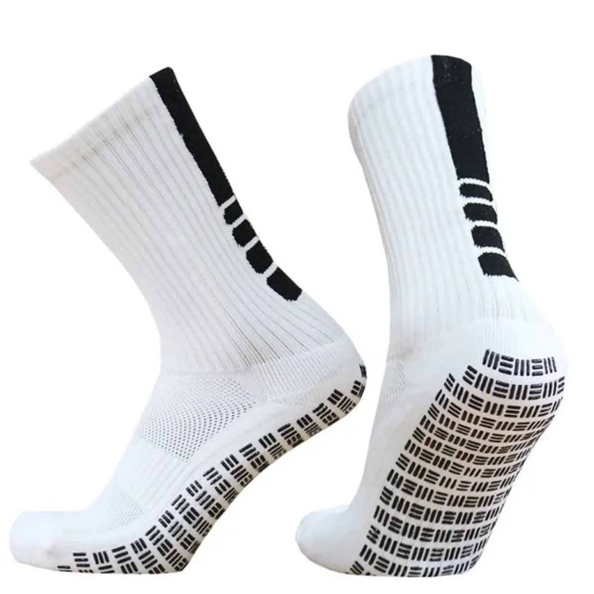 White grip soccer socks showing the back side with black non slip patterns and a vertical stripe along the ankle