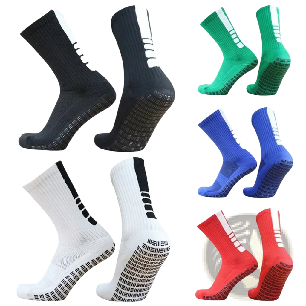 Grip soccer socks striped athletic non slip footwear in black white green blue and red with textured grip soles