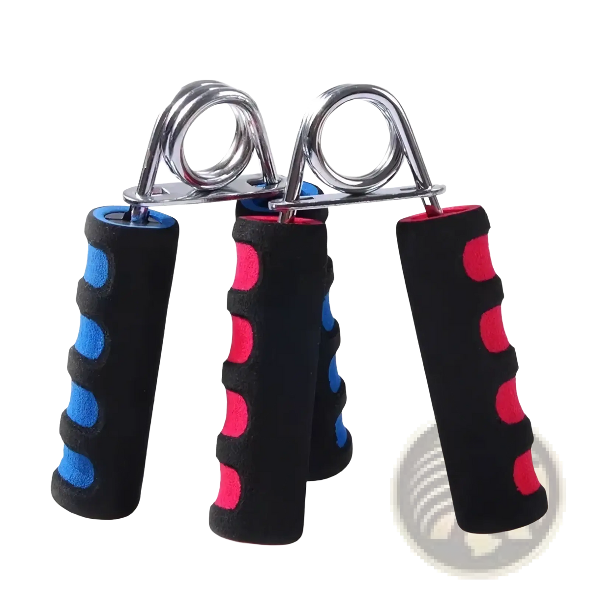 Grip strength trainer foam hand gripper with black and blue foam handles and metallic spring mechanism for hand exercise