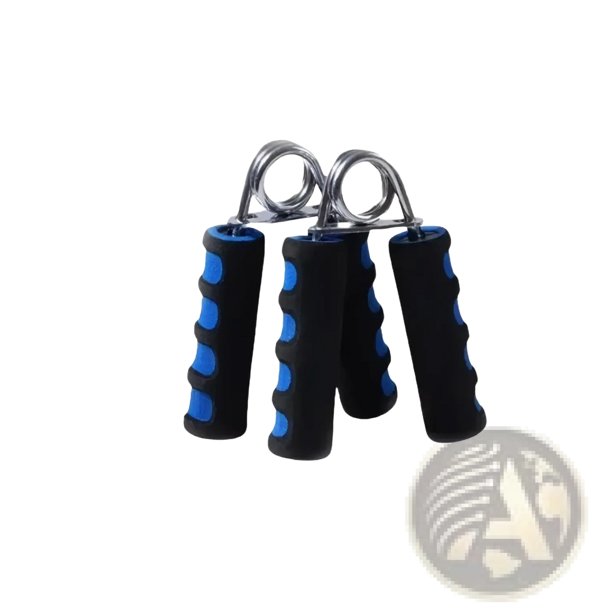 Grip strength trainer foam hand gripper with black and blue rubber handles and metallic spring mechanisms