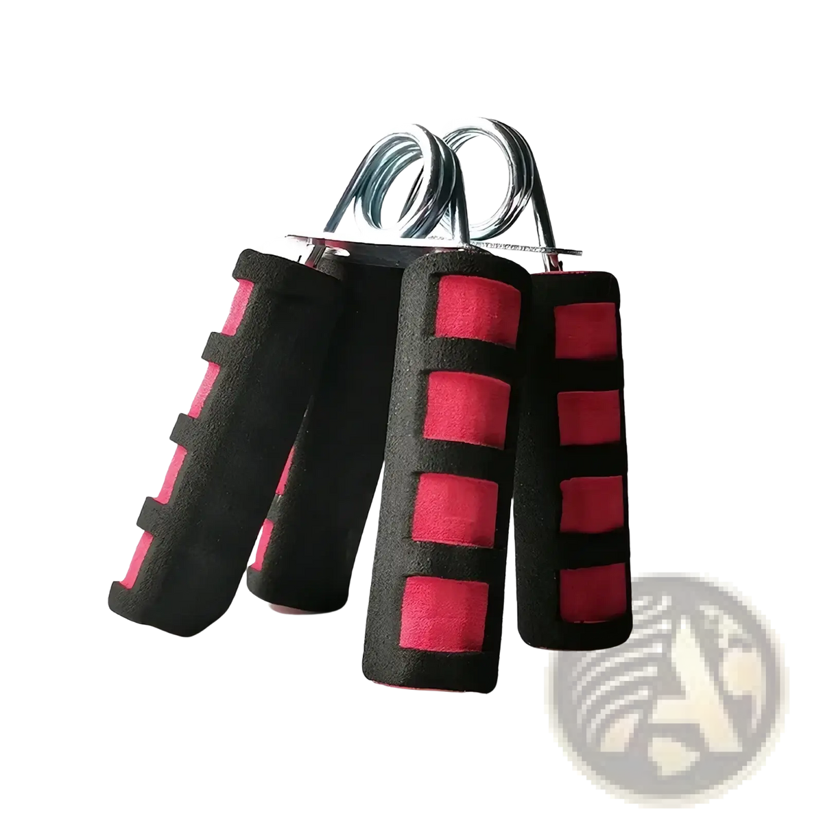 Black and pink foam-handled grip strength trainer hand gripper with metallic spring mechanism for exercise