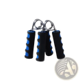 Grip strength trainer foam hand gripper with black and blue foam handles and metallic spring mechanism for exercise