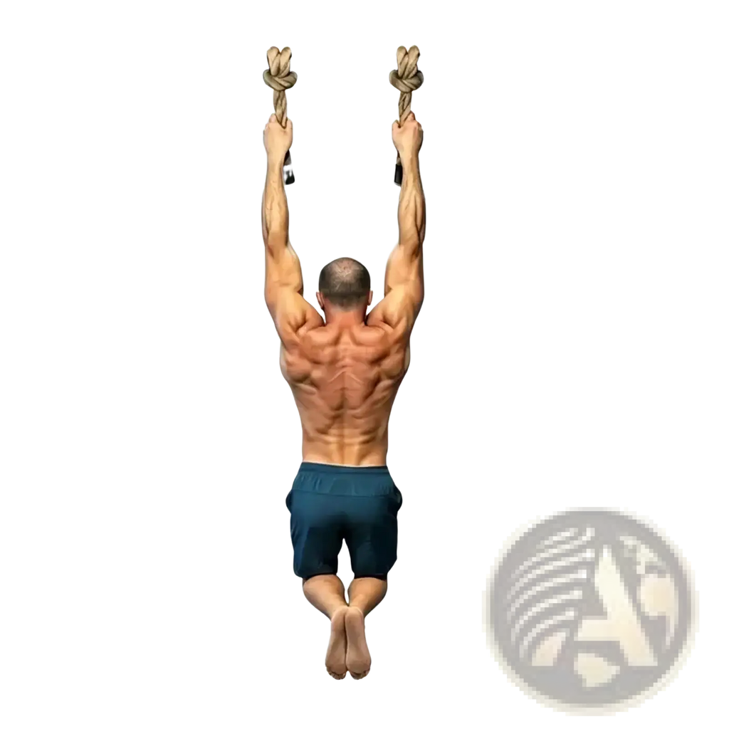 A man performs a pull-up on a black metal grip training rope handles set in a gym setting
