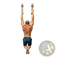 A man performs a pull-up on a black metal grip training rope handles set in a gym setting