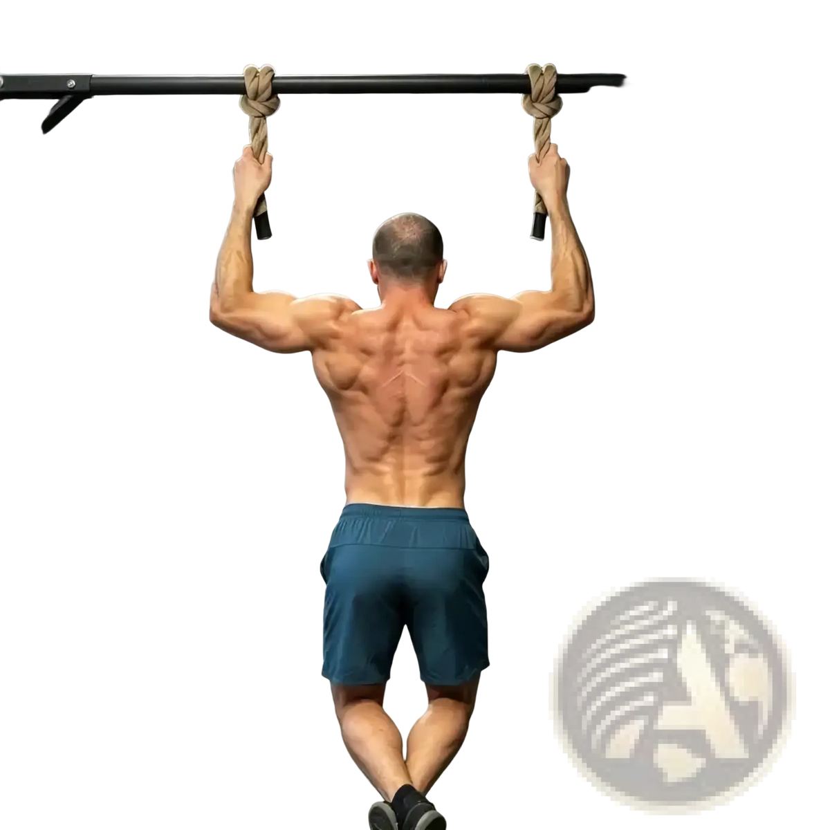 A man performing a pull-up using thick beige braided rope handles from the grip training rope handles set on a black bar