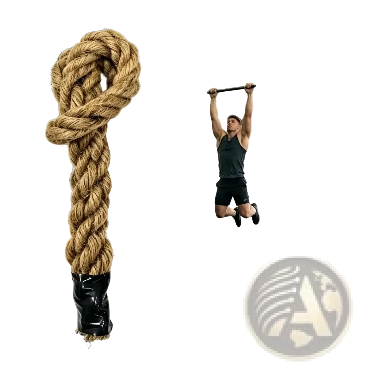 Thick natural-fiber rope grip training handles with a black boot-like base designed for improved grip strength
