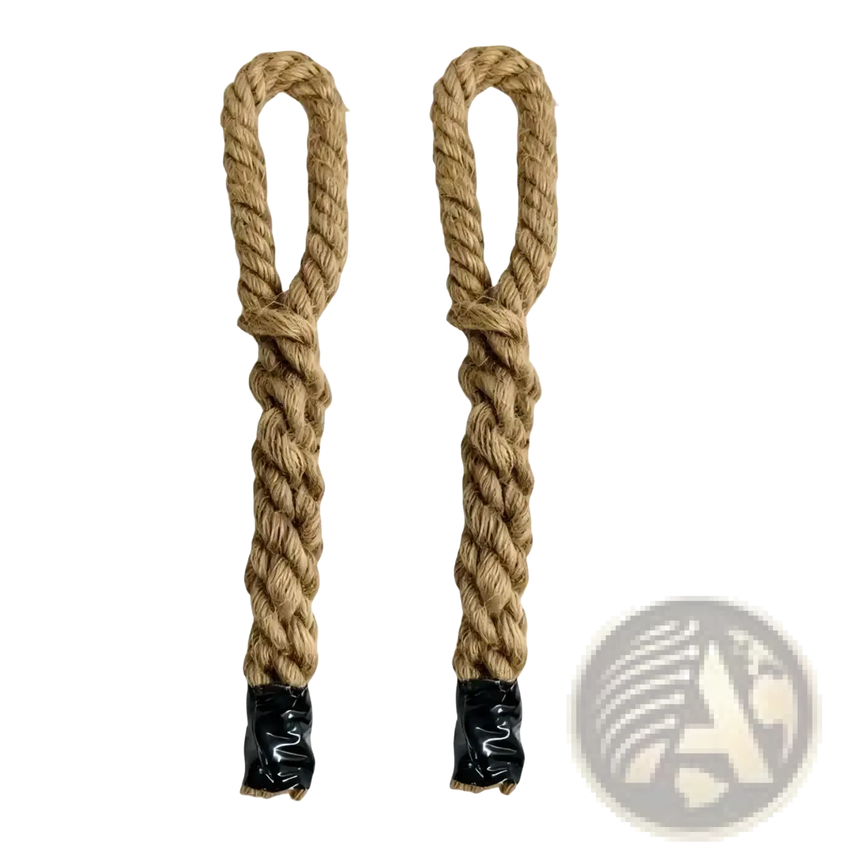 Two beige braided rope handles with black plastic caps 19.5 inches long for grip training rope handles set