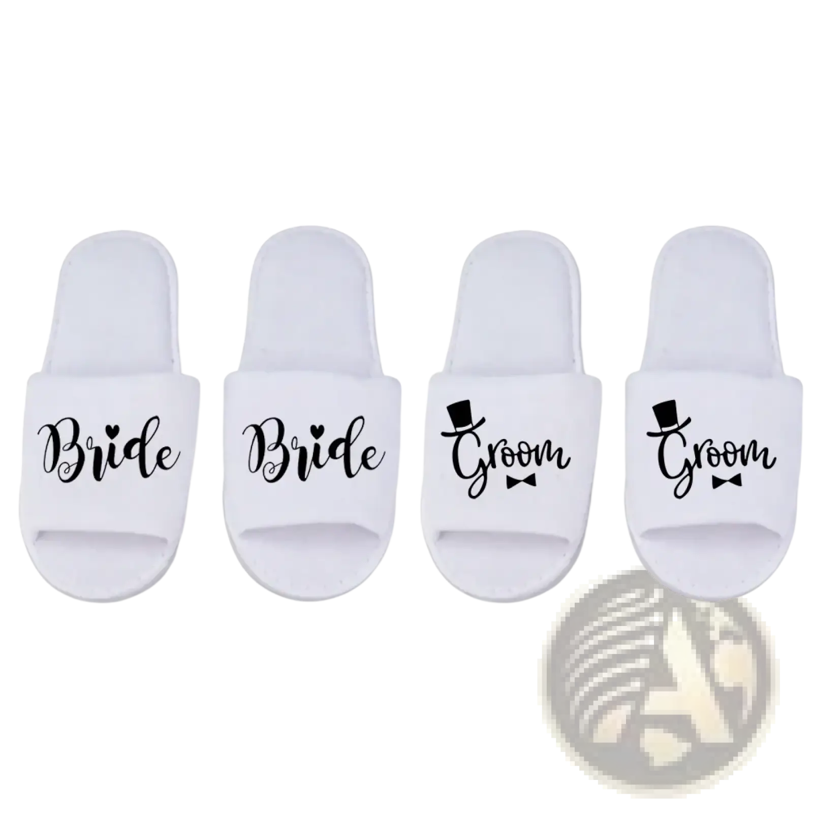 White slip-on groom slide slippers with black cursive text bride and groom featuring heart and top hat graphics for weddings