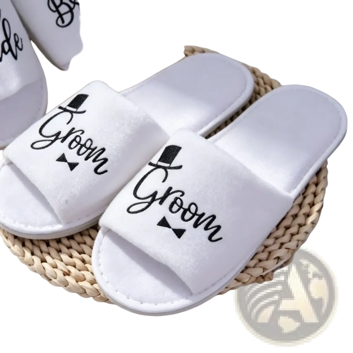 White plush groom slide sandals featuring black embroidered top hat and bow tie design for wedding party footwear