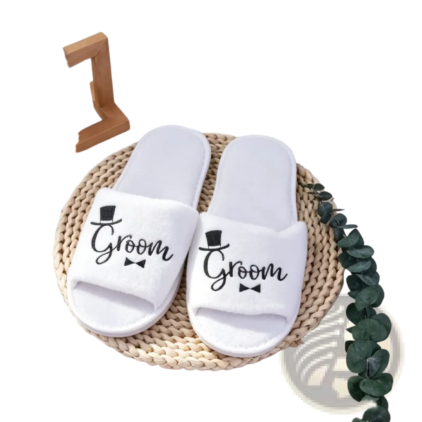 White plush slip-on groom slide slippers with black text and top hat and bow tie design for wedding party footwear