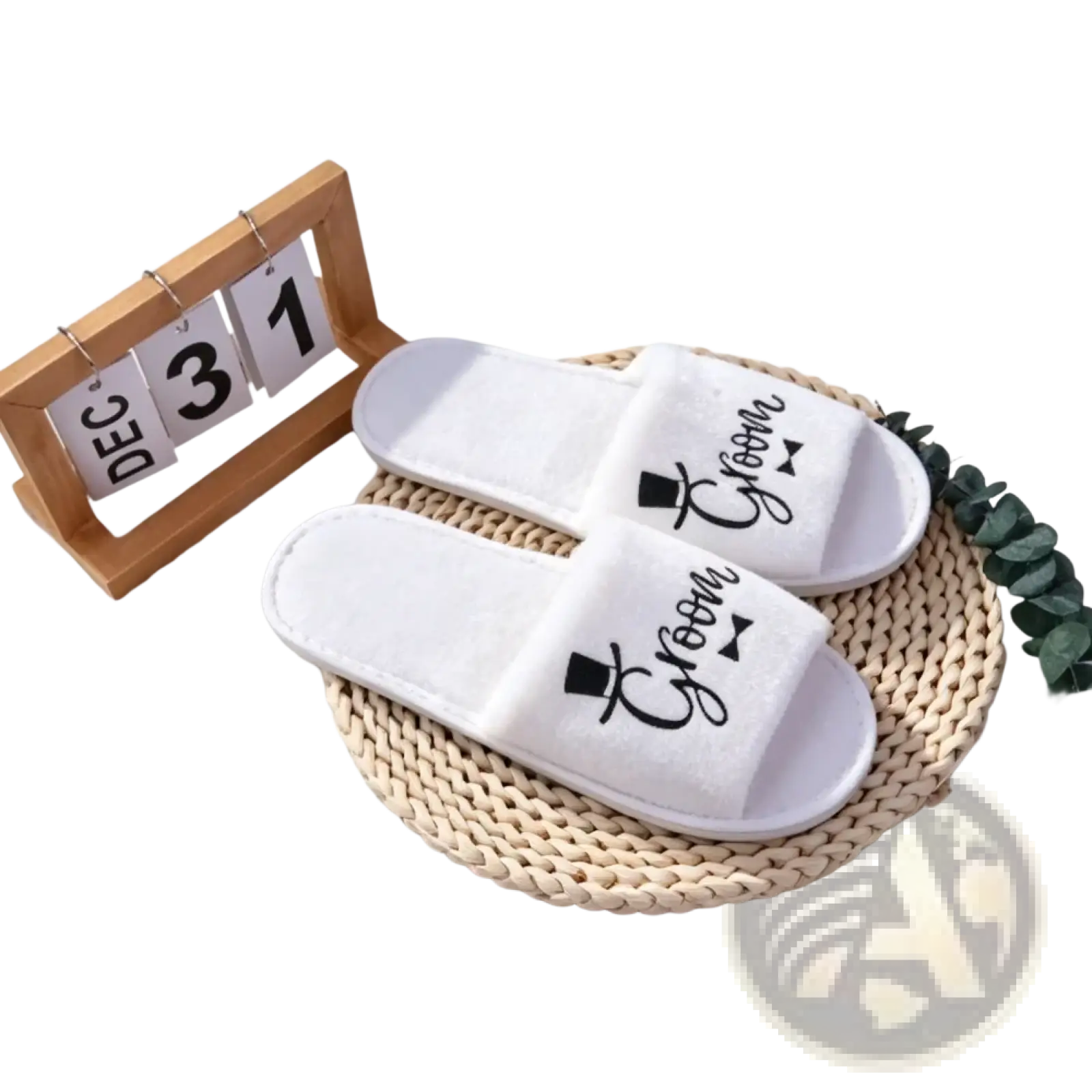 White groom slide sandals with black cursive lettering and top hat icon for wedding party footwear