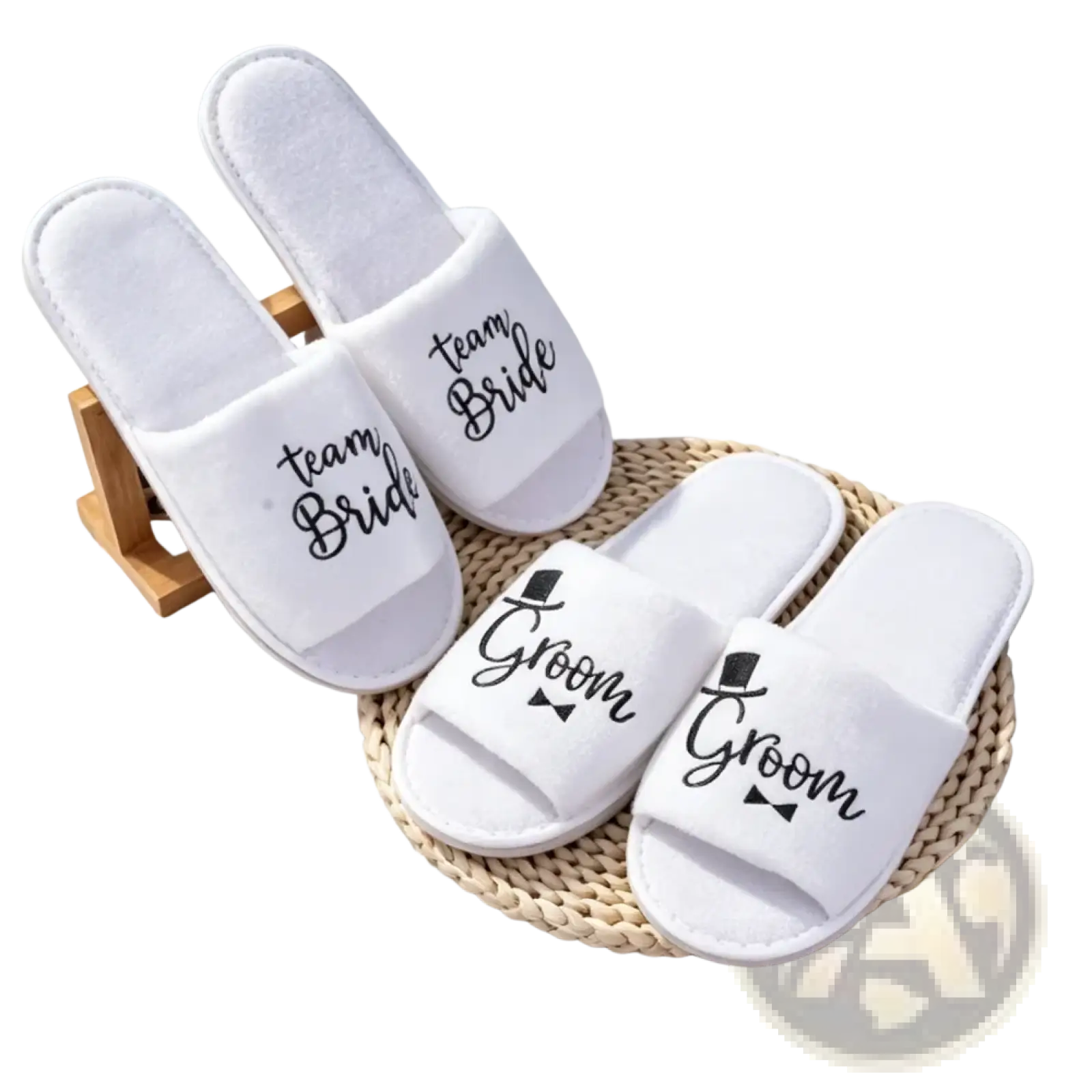 White slip-on groom slide slippers with black embroidered team bride and groom text featuring top hat and bow tie design