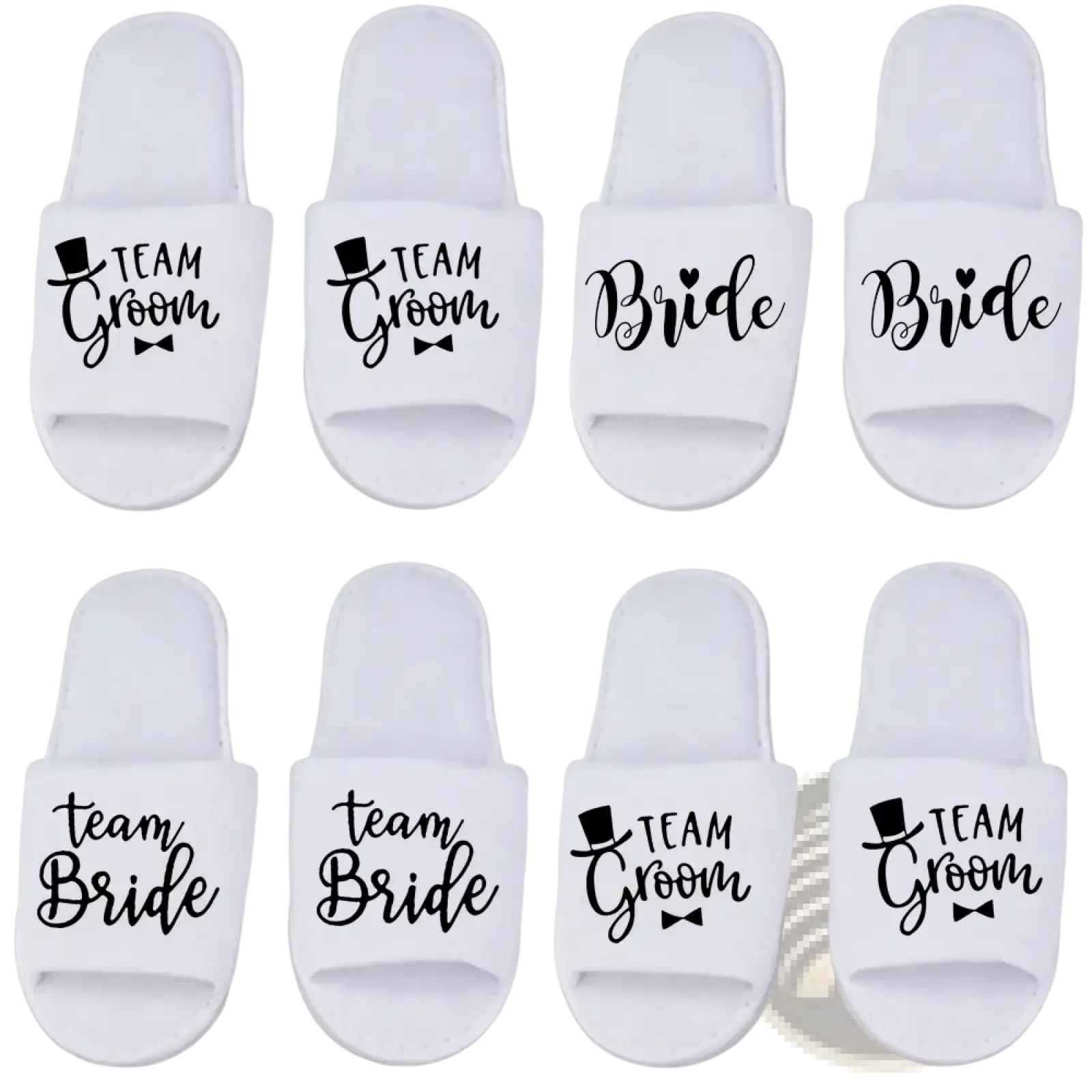 White slip-on grooming slide slippers with black team groom and bride text for wedding party footwear