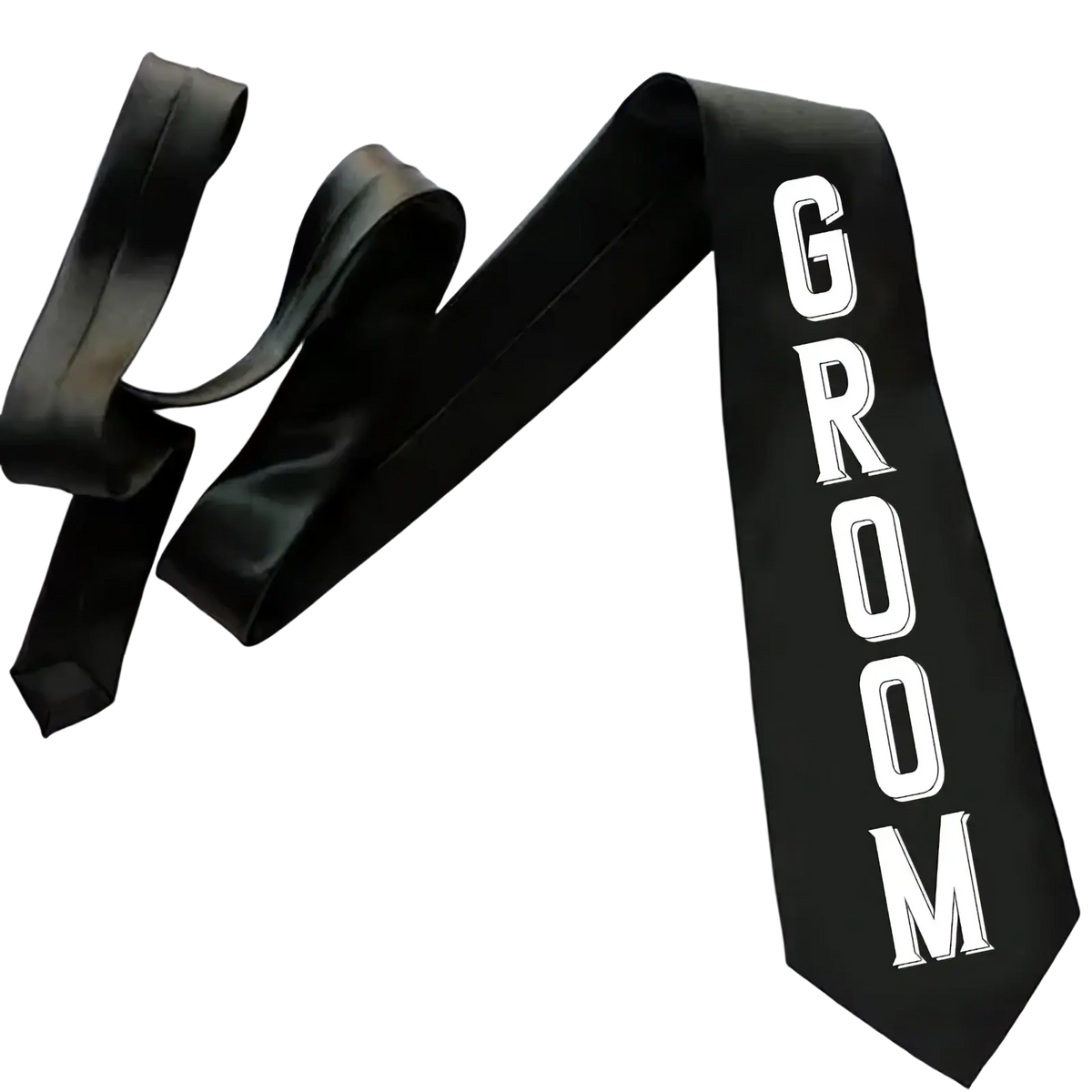 Black satin groom sash with bold white lettering from the groom tie and sash wedding set
